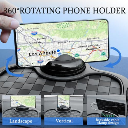 Multifunction Car Anti-Slip Mat Car Dashboard Mat 360° Rotating Adjustable Phone Holder with Hidden Parking Number Plate PVC Grid Style Mat