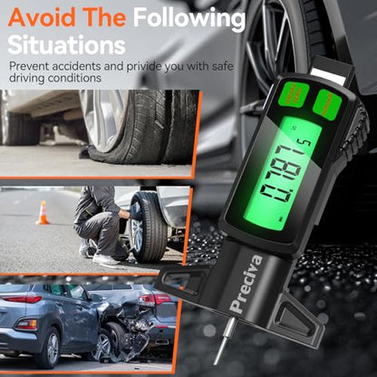 Preciva Rechargeable Tire Tread Depth Gauge, Touch Screen Digital Tire Depth Gauge with Lighting, in/MM/F Conversion, IP54 Waterproof, Auto Power Off, for Tread Depth, Brake Shoe and Pad Wear