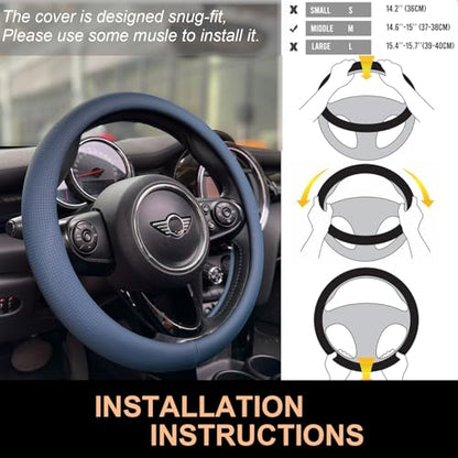 PINCTROT Nappa Leather Steering Wheel Cover, Slim Fit No Bulk Design, One Piece Leather with Breathable Perforation, Fit Like Gloves, Universal 14.5-15 Inch(Nappa Smoky Blue) - color: 03.Smoky Blue, size: Medium(Standard) Size[14 1/2''-15'']