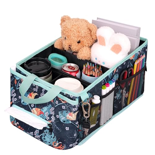 HEYSKAY Car Seat Organizer-Passenger Seat Organizer, Collapsible Small Car Seat Organizer for Console Front/Back, Car Caddy with 4pc Drink Holders Automotive Backseat Organizer for Kids - color: Floral print