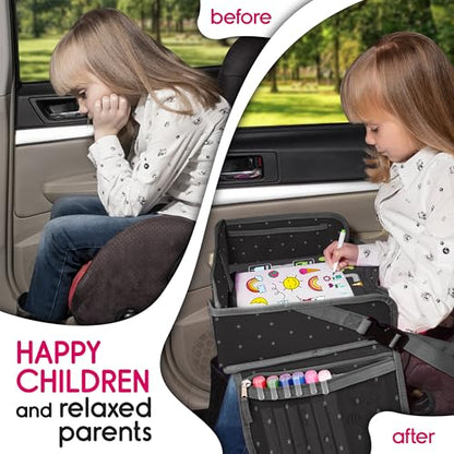 Kids Travel Tray - Waterproof Lap Table with No-Drop Large Tablet Holder - Car Seat Tray - Road Trip Essentials Kids - Car Desk Organizer for Airplane - Toddler Travel Essentials - color: PREMIUM BLACK
