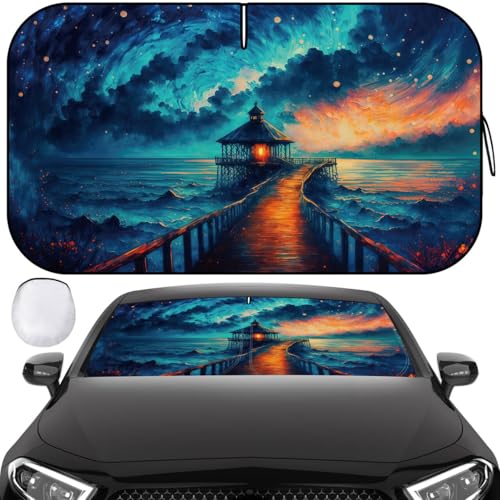 Windshield Sun Shade, Car Sun Shade Windshield, Reflector Sunshade Offers Ultimate Protection for Car Interior, Reflective Polyester Blocks Heat for Cars,Trucks,SUVs (57 x 32 in) - color: Blue - Night Town, 57''x32''