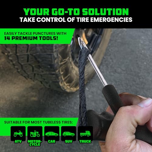 Rhino USA Compact Tire Repair Kit (14-Piece) – Heavy Duty Plug Set with Included Lubricant to Fix Punctures and Seal Flats – Tubeless Tool for Car, Motorcycle, ATV, UTV, RV & Trailer - size: 14 Piece Set