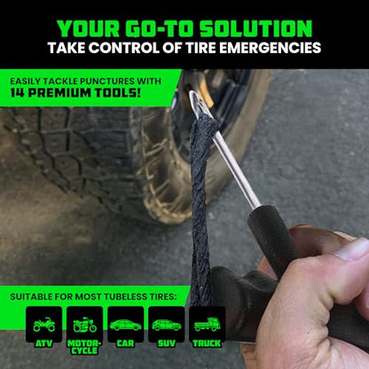 Rhino USA Compact Tire Repair Kit (14-Piece) – Heavy Duty Plug Set with Included Lubricant to Fix Punctures and Seal Flats – Tubeless Tool for Car, Motorcycle, ATV, UTV, RV & Trailer - size: 14 Piece Set
