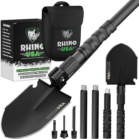 Rhino USA Survival Shovel w/Pick - Heavy Duty Carbon Steel Military Style Entrenching Tool for Off Road, Camping, Gardening, Beach, Digging Dirt, Sand, Mud & Snow. (Survival Shovel) - size: Ultimate 31" Survival E-tool