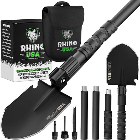 Rhino USA Survival Shovel w/Pick - Heavy Duty Carbon Steel Military Style Entrenching Tool for Off Road, Camping, Gardening, Beach, Digging Dirt, Sand, Mud & Snow. (Survival Shovel) - size: Ultimate 31" Survival E-tool