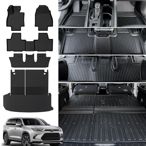 Floor Mats Cargo Mat with Backrest Mat for 2024 2025 2026 Toyota Grand Highlander 7 Seat Car Mat Accessories, All Weather TPE Cargo Liner Trunk Mat (Grand Highlander-Full Set) - size: Grand Highlander-Floor Mats Set
