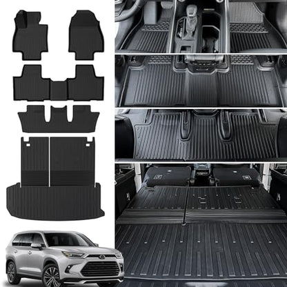 Floor Mats Cargo Mat with Backrest Mat for 2024 2025 2026 Toyota Grand Highlander 7 Seat Car Mat Accessories, All Weather TPE Cargo Liner Trunk Mat (Grand Highlander-Full Set) - size: Grand Highlander-Floor Mats Set
