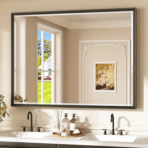 Keonjinn 48" x 36" Large Black Bathroom Mirror, Aluminum Alloy Frame Rustproof, Beveled Edge Tempered Glass, Decorative Framed Black Bathroom Vanity Mirror for Wall, Oversized Mirrors for Over Sink - color: Black, size: 36"L x 48"W