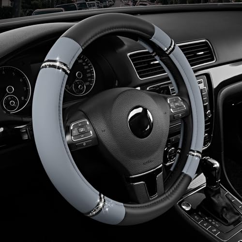 Road Comfort Leather Steering Wheel Cover – Premium Anti-Slip Car Steering Wheel Grip Cover – Universal Fit for 14.5”–15” Cars, Trucks & SUVs - Gray - color: Gray