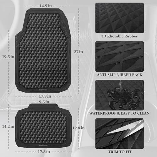 CAR PASS Black Rubber Car Mats, All-Weather Floor Mats Full Set Durable Anti-Slip 3D Rhombus Waterproof Automotive Pad Trim to Fit Liner Universal Fit for Sedan SUV Truck Van, 4 Pcs All Black Rubber - color: Black