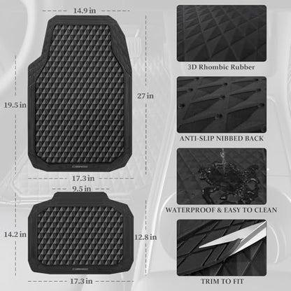 CAR PASS Black Rubber Car Mats, All-Weather Floor Mats Full Set Durable Anti-Slip 3D Rhombus Waterproof Automotive Pad Trim to Fit Liner Universal Fit for Sedan SUV Truck Van, 4 Pcs All Black Rubber - color: Black