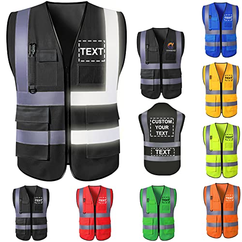 Custom Safety Vest for Men High Visibility Protective Workwear 5 Pockets Class 2 With Reflective Strip - color: Black, size: 3X-Large