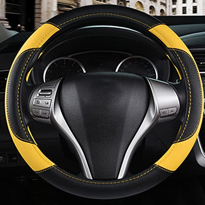 Leather Car Steering Wheel Cover, Non-Slip Car Wheel Cover Protector Breathable Microfiber Leather Universal Fit for Most Cars (Black&Yellow) - color: Yellow