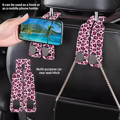 Car Seat Headrest Hooks for Purses and Bags Abstract Pink Leopard 1 Pack Bag Purse Holder for Car with Double Metal Hooks Car Purse Hanger Hanging Accessories - color: Abstract Pink Leopard