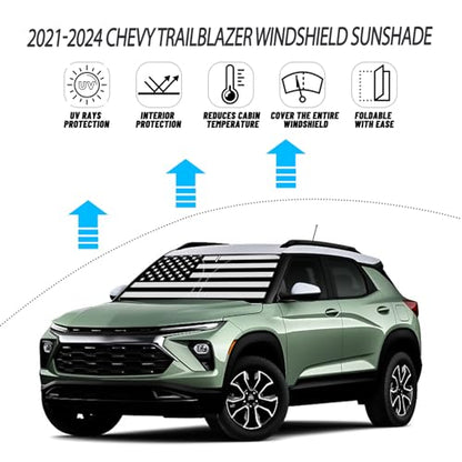 D-Lumina Windshield Sun Shade for 2021-2025 Chevy Trailblazer Accessories, Front Window Sunshade American Flag Sun Visor Protector Block UV Rays Heat, Foldable 2 Layers 210T Material - size: Silver & Black-Fit 2021-2025 Chevy Trailblazer