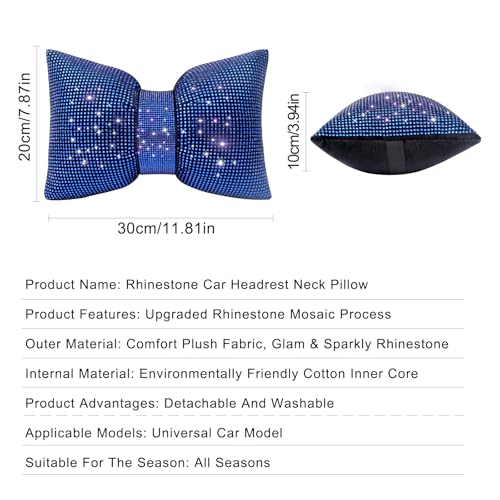 surpassme 2PCS Rhinestone Car Headrest Neck Pillow for Driving with Bling Bling Crystal Bow Pillow Car Accessories for Women (Blue) - color: 2 Blue Pillows