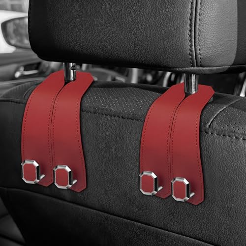 2PCS Car Hooks for Headrest, Faux Leather Purse Hook for Car Seat Back Organizers and Storage, Double Metal Purse Holder Bag Hanger, Universal Car Interior Accessories for Women Man - color: Dark Red