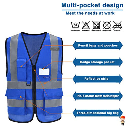 A-SAFETY Blue safety vests Reflective Safety Vest Hi Vis Bright Neon Color with 4 Reflective Strips 8 Pockets, Blue - color: Blue, size: Medium