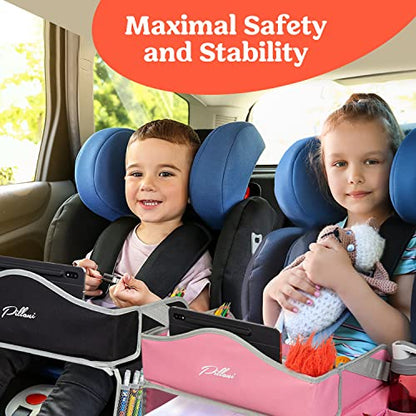 PILLANI Kids Travel Tray for Car Seat - Carseat Tray w/ iPad Holder & Dry Erase Board, Road Trip Activities - Toddler Lap Desk Organizer for Airplane - Roadtrip & Travel Essentials - Pack of 2, Pink - color: 2-pack Pink