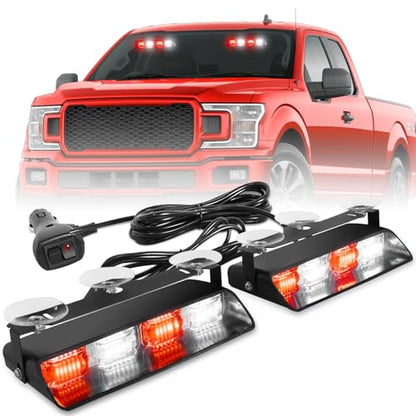HLauto 2002L Emergency Dash Strobe Lights: Red White Safety Lights, Flashing Warning Hazard Windshield Visor Traffic Light Bars for Trucks, Construction Vehicles (2x8.5 inch, 48LED) - color: Red/White