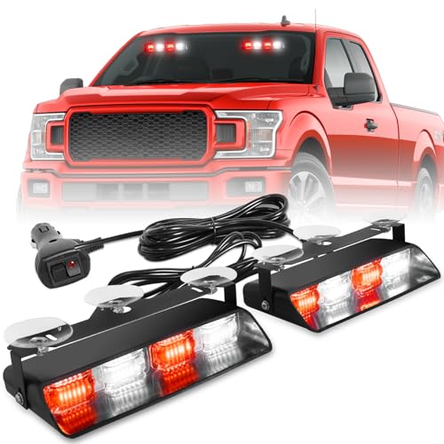 HLauto 2002L Emergency Dash Strobe Lights: Red White Safety Lights, Flashing Warning Hazard Windshield Visor Traffic Light Bars for Trucks, Construction Vehicles (2x8.5 inch, 48LED) - color: Red/White