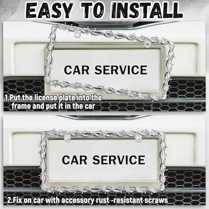 MorningRo 2 Pcs Universal License Plate Frame Plastic Barbed Wire Coconut Design Frame Compatible with Standard License Plate for USA 2 Holes with Screws for Women Men(Silver) - color: Silver