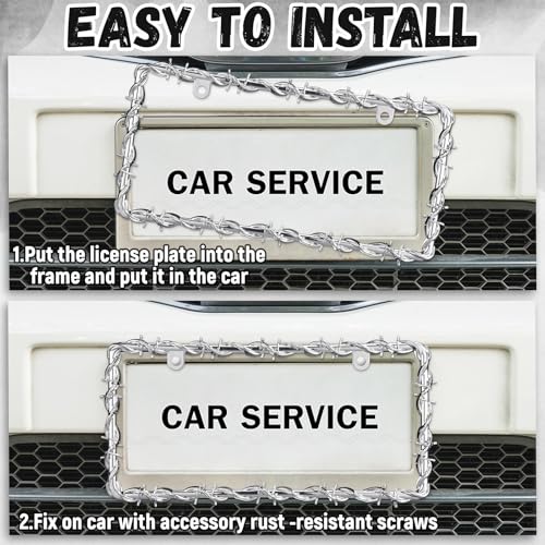 MorningRo 2 Pcs Universal License Plate Frame Plastic Barbed Wire Coconut Design Frame Compatible with Standard License Plate for USA 2 Holes with Screws for Women Men(Silver) - color: Silver