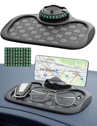 Multifunction Car Anti-Slip Mat Car Dashboard Mat 360° Rotating Adjustable Phone Holder with Hidden Parking Number Plate PVC Grid Style Mat