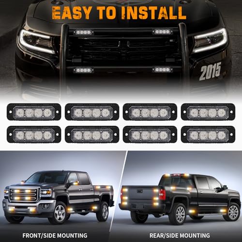 XRIDONSEN 8PCS Sync Truck Grill Lights 32 LED Strobe Lights Amber White Grille Surface Mount Emergency Flashing Warning Safety Hazard Caution Light for Tow Plow Trucks Construction Vehicles Car - color: Amber/White