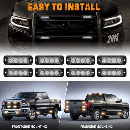 XRIDONSEN 8PCS Sync Truck Grill Lights 32 LED Strobe Lights Amber White Grille Surface Mount Emergency Flashing Warning Safety Hazard Caution Light for Tow Plow Trucks Construction Vehicles Car - color: Amber/White