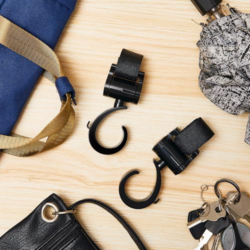 Taiyin 4 Pcs Walker Hook Hanging Multipurpose 360° Rotation Stroller Clip Diaper Bag Hanger for Walker Rollator Crutches Wheelchair Shopping Cart Car Back Seat Purses Bike Wheelchair Pushchair, Black