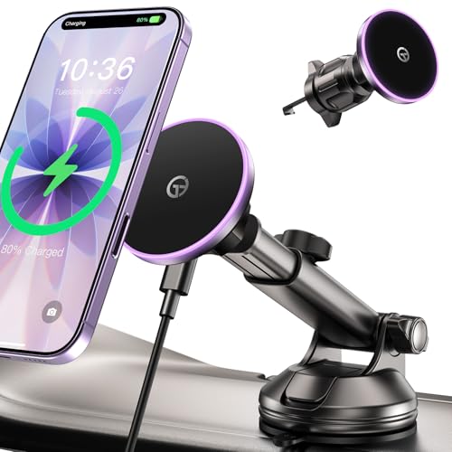for MagSafe Car Mount Charger Dash Vent Windshield Wireless Car Charger with LED Light, Magnetic Phone Holder for Car for iPhone 17 16 15 14 13 12 Series, Fit MagSafe Accessories (Purple) - color: Purple