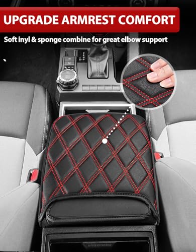 KBH Center Console Armrest Cover for Toyota Tacoma 2024 2025 2026, Vinyl Leather Trim, Durable Middle Console Protector, Anti-Scratch - size: Toyota Tacoma 2024-2026, Black-red stitch