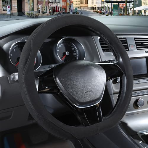 14 inch Black Suede D Shaped Steering Wheel Cover, Breathable Non-Slip Sweat-Proof Wear-Resistant No Pilling, Warm in Winter and Cool in Summer - color: Black, size: D Shape-S[13.5''-14'']