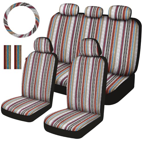 Baja Saddle Blanket Car Seat Covers Full Set with Seat Belt Pads and Steering Wheel Cover, Washable Breathable Striped Woven Cloth Seat Covers for Cars, SUV, Truck, Large Size(Red) - color: Red, size: Full Set