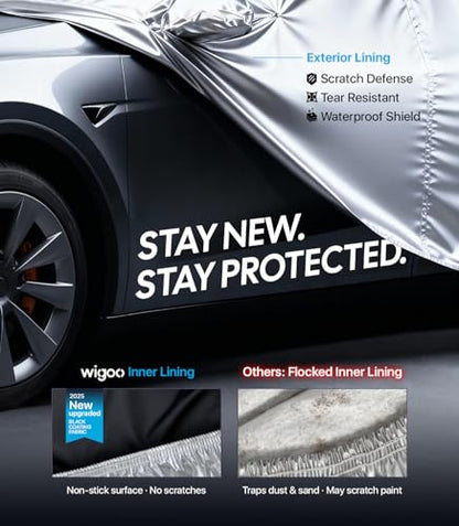 Wigoo Tesla Model Y Car Cover Accessories (2020–2026), Custom Fit All-Weather Outdoor, Waterproof UV Sun & Heat Protection, Ventilated Design, Windproof, Smooth Paint-Safe Lining, Charging Port Zipper - size: for Tesla Model Y (2020-2026)
