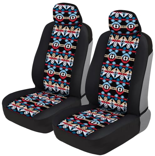 BDK Aztec Pattern Car Seat Covers for Front Seats, 2-Pack Geometric Print Front Seat Cover Set with Matching Headrest, Sideless Design for Easy Installation, Universal Fits Most Cars Trucks Vans SUVs - color: Aztec Pattern