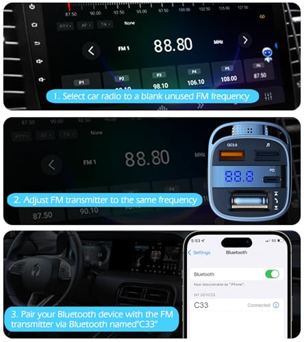 LIHAN Bluetooth 5.4 Car Adapter for Older Cars, 54W PD Fast Charging FM Transmitter, Handsfree Call, Crystal Clear GPS & Music Receiver, Supports USB Drive .wav .flac, Compatible with iPhone & Trucks