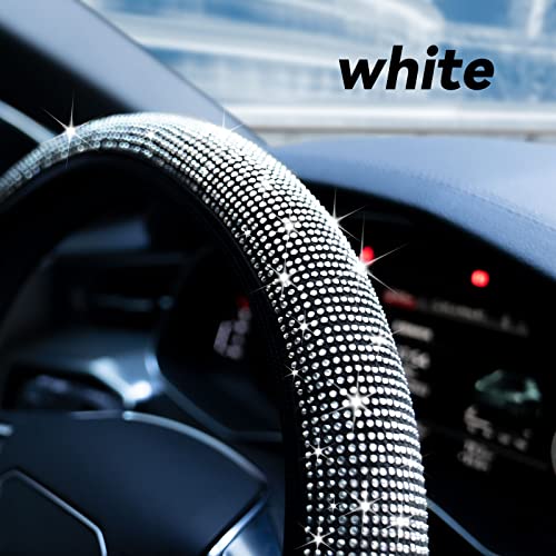 Bling Rhinestone Steering Wheel Cover with Crystal Diamond for Women, Sparkling Car Wheel Protector Universal Fit 14-15 inches - White - color: white
