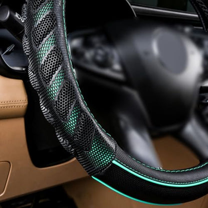Flying Banner car Steering Wheel Cover Faux Leather Massage Universal fit 3D Honeycomb Hole Anti-Slip Sporty 15 Inches (Mint Green Black) - color: Mint green black