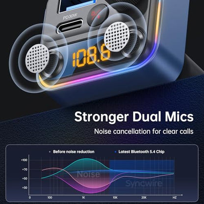 Syncwire Bluetooth 5.4 FM Transmitter Car Adapter 42W [Light Switch] [Stronger Dual Mics] [HiFi Bass Sound] [Fast Charging] Wireless FM Radio Music Adapter Hands-Free Calling Support USB Drive, Blue - color: Blue