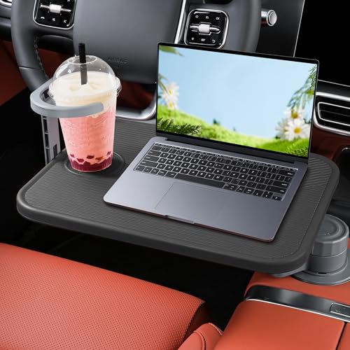 Car Tray & Car Desk for Laptop, 360° Rotating Wood Cup Holder Table,Aluminum Cantilever Laptop Mount for Vehicle,Steering Wheel Tray,Fits for Tesla Model Y/3/S,Camry Forester F150 Tundra&Most Vehicles - color: Black