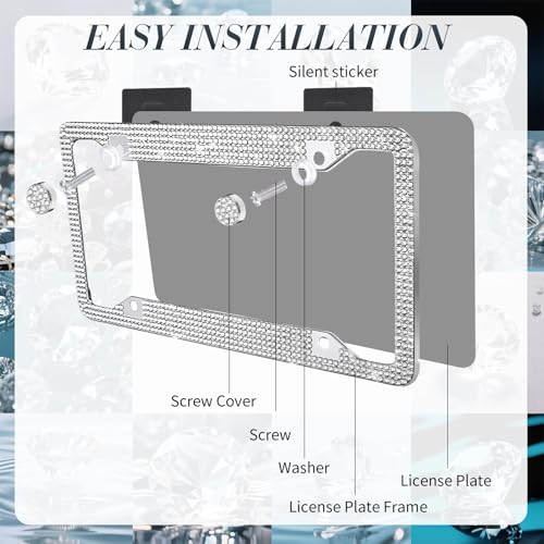 Timtin 2 Pcs Bling License Plate Frame Sparkly Rhinestone Diamond Accessories Stainless Steel Front License Plate Cover with Bling 4 Crystal Tire Valve Caps 1 Start Ring Sticker(White) - color: White