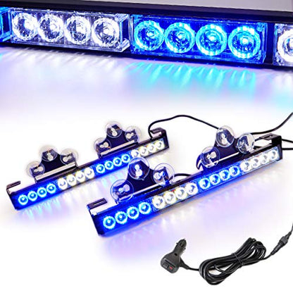 Blue/White 2 in 1 Emergency Strobe Light Bar 21 Flash Patterns Traffic Advisor Warning Hazard Windshield Safety Lights Bar with Cigar Lighter for Police Vehicles, Truck (2×16.8 inch, 32 Led) - color: Blue/White