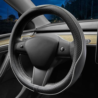 LKWLIKEI Nappa Leather Ultra-Thin Steering Wheel Cover, for Tesla Model 3/Y Steering Wheel Cover, Non-Slip Design and Interior Modification of car Accessories. - color: Black and White