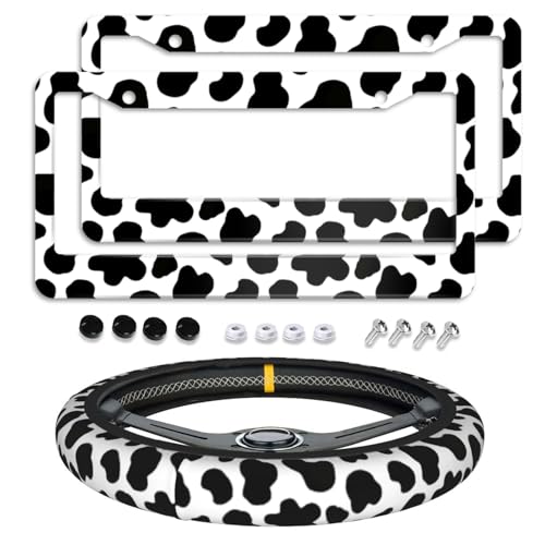Cow Print License Plate Frame 2pc Cattle Print License Plate Frame Cow Print Steering Wheel Cover Cows Steering Wheel Cover Cars Aluminum with Fits Standard Us Ca Vehicles - color: Cow Print