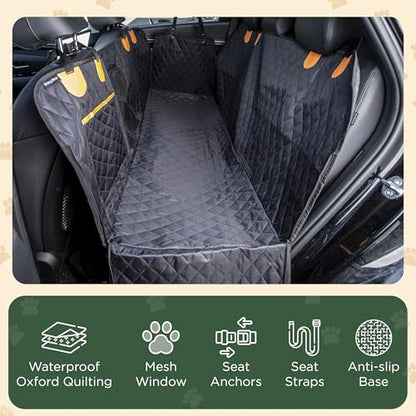 Pet Seat Cover for Back Seat – Waterproof Backseat Cover for Dogs in Car with Mesh Window, Oxford Fabric, Storage Pocket, Side Flaps & Carry Handles
