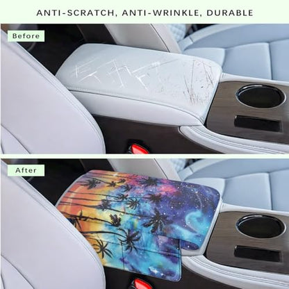 Coconut Tree Center Console Armrest Cover 300D Polyester Fabric Middle Console Lid for Most Vehicles with Side Pockets Interior Accessories Prevent Scratching - color: Coconut Tree