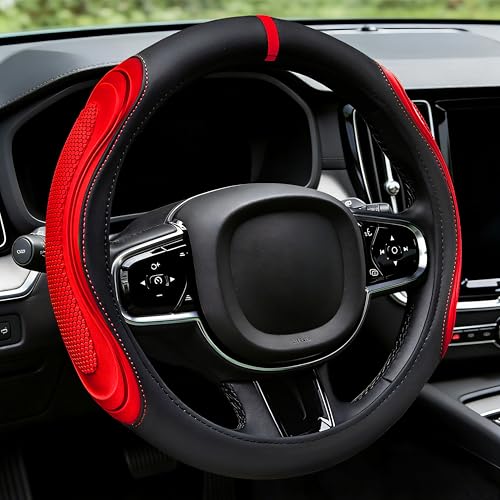 XCBYT Steering Wheel Cover - Red Leather Steering Wheel Wrap Great Grip with 3D Honeycomb Quick and Effortless Installation Non-Slip Silicone Inner Ring for Women Man Universal Fit 14.5-15 Inch - color: rgj-red